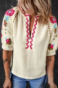 Beige Floral Embroidered Puff Sleeve Ricrac Textured Blouse (size: (US 8-10)M)