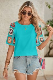 Turquoise Boho Hollowed Floral Crochet Sleeve T Shirt (size: (US 16-18)XL)
