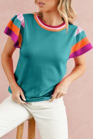Turquoise Contrast Sleeve Striped Round Neck Knitted Tee (size: (US 4-6)S)