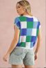Dark Blue Checkered Color Block Cap Sleeve Knitted Top