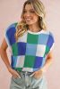 Dark Blue Checkered Color Block Cap Sleeve Knitted Top