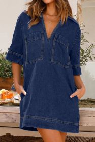 Sail Blue Soft Denim Lapel Mid Sleeve Loose Denim Dress (size: (US 16-18)XL)