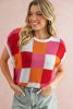 Fiery Red Checkered Color Block Cap Sleeve Knitted Top