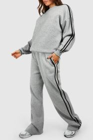 Light Grey Solid Color Side Striped Sweatshirt Pants Set (size: (US 4-6)S)