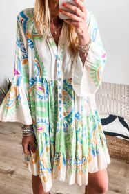 Green Ethnic Print Boho Tiered Mini Flowy Dress (size: (US 16-18)XL)
