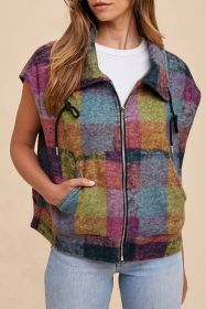Pink Brushed Checked Print Side Pockets Zipper Jacket Vest (size: (US 4-6)S)