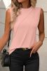 Light Pink Solid Color Crew Neck Pleated Sleeveless Top