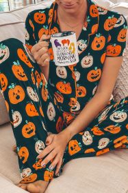 Orange Halloween Pumpkin Short Sleeve Shirt Pajama Set (size: (US 16-18)XL)