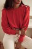 Red Button Tab Detail Round Neck Long Sleeve Top