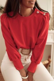 Red Button Tab Detail Round Neck Long Sleeve Top (size: (US 16-18)XL)