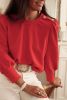 Red Button Tab Detail Round Neck Long Sleeve Top