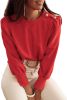 Red Button Tab Detail Round Neck Long Sleeve Top