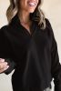 Black Zipper Collared Drop Shoulder Plain Sweatshirt