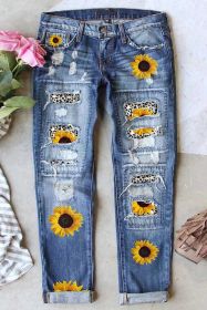 Blue Sunflower Print Ripped Mid Rise Straight Leg Graphic Jeans (size: (US 8-10)M)