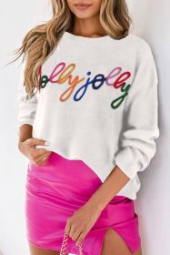 White Holly Jolly Round Neck Casual Sweater (size: (US 16-18)XL)