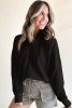 Black Zipper Collared Drop Shoulder Plain Sweatshirt