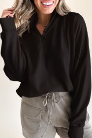 Black Zipper Collared Drop Shoulder Plain Sweatshirt (size: (US 16-18)XL)
