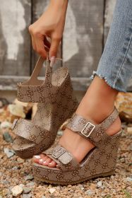 Parchment Flower Print Buckle Strap Leathered Wedge Sandals (size: (US 8.5)40)