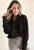 Black Zipper Collared Drop Shoulder Plain Sweatshirt