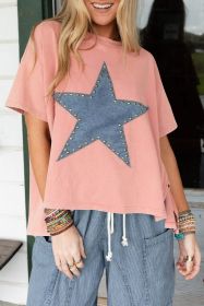 Apricot Pink Studded Star Patch Side Slits High Low Tee (size: (US 16-18)XL)
