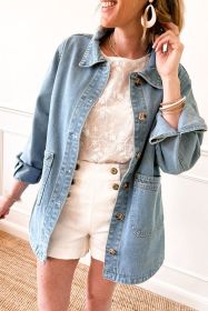 Dusk Blue Side Pocket Buttons Denim Jacket (size: (US 16-18)XL)
