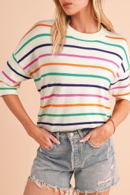 Beige Stripe Dropped Short Sleeve Loose Fit Knitted Top (size: (US 16-18)XL)