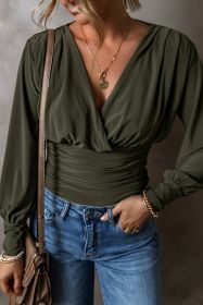 Moss Green Wrap V Neck Ruched Long Sleeve Bodysuit (size: (US 4-6)S)