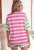 Pink Stripe Patch Pocket Drop Sleeve Slits T Shirt