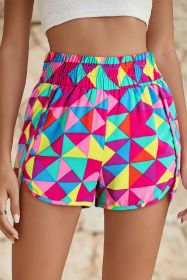 Multicolor Geometric Elastic High Waisted Shorts for Women (size: (US 16-18)XL)
