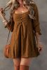 Chestnut Lace Crochet Buttoned Square Neck Mini Dress