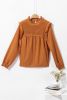 Camel Ruffle Solid Color Pleated Smocked Long Sleeve Blouse
