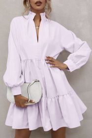 Pink Casual Stand V Neck Short Frill Dress (size: (US 16-18)XL)