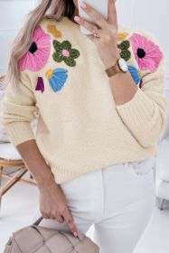 Beige 60s Flower Pattern Knitted Sweater (size: (US 16-18)XL)