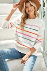 White Colorful Striped Ribbed Trim Round Neck Sweater (size: (US 16-18)XL)