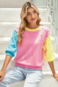 Rose Red Color Block Pearl Detail Half Sleeve Knit Top (size: (US 16-18)XL)