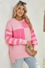 Pink Checkered Color Block Striped High Low Sweater