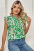 Green Abstract Print Frill Split Neck Ruffle Sleeveless Top