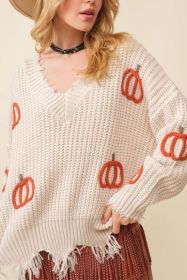 Beige Pumpkin V Neck Distressed Edge Knit Sweater (size: (US 16-18)XL)