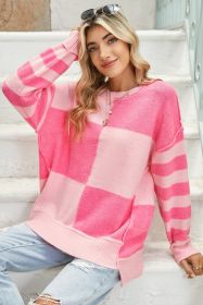 Pink Checkered Color Block Striped High Low Sweater (size: (US 16-18)XL)