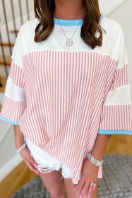 White Stripe Patchwork Bracelet Sleeve Plus Size T Shirt (size: (US 26W-28W)4X)