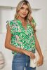 Green Abstract Print Frill Split Neck Ruffle Sleeveless Top