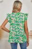 Green Abstract Print Frill Split Neck Ruffle Sleeveless Top