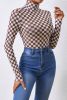 Brown Checkered Print Long Sleeve Mock Neck Bodysuit