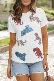 White Sequin Tiger Patch Graphic Round Neck T Shirt (size: (US 4-6)S)