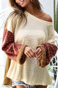 Beige Swiss Dot Drop Shoulder Patchwork Loose Knit Top (size: (US 16-18)XL)