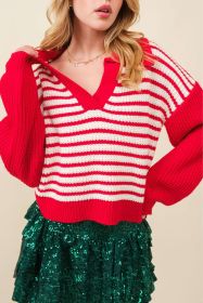 Red Striped V Neck Collar Drop Sleeve Sweater (size: (US 4-6)S)