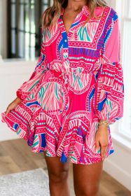 Rose Boho Abstract Print Lantern Sleeve Drawstring Waist Ruffle Mini Dress (size: (US 16-18)XL)