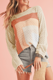 Apricot Pointelle Knit Colorblock Baggy Long Sleeve Top (size: (US 16-18)XL)