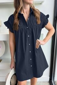 Navy Blue Pleated Ruffle Sleeve Button-up Mini Dress (size: (US 16-18)XL)