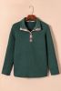 Green Plaid Geometric Texture Trim Buttons Neck Quilted Sweatshirt